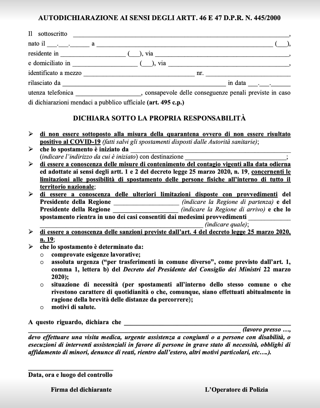 25 marzo autodichiarazione